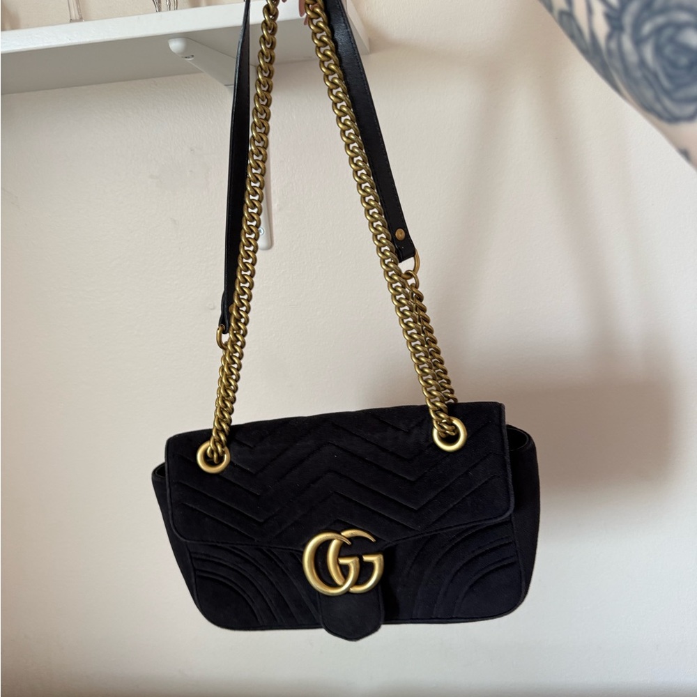 Black Quilted Velvet GG Marmont Shoulder Bag with Gold Chain